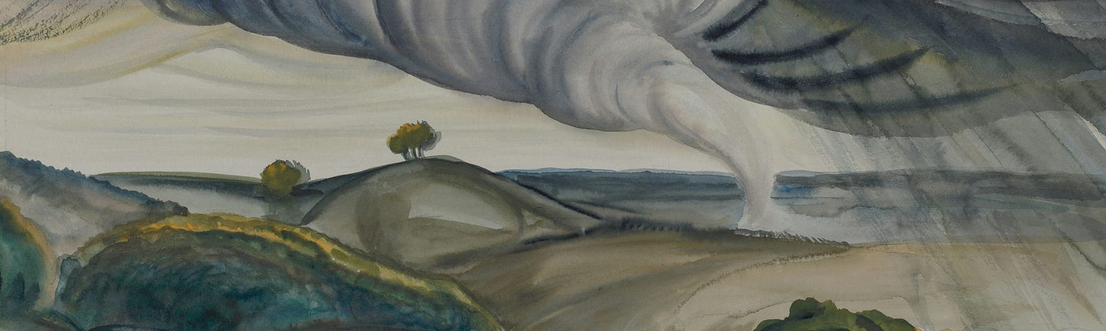 A darkly whimsical painting of a tornado in a whirling landscape
