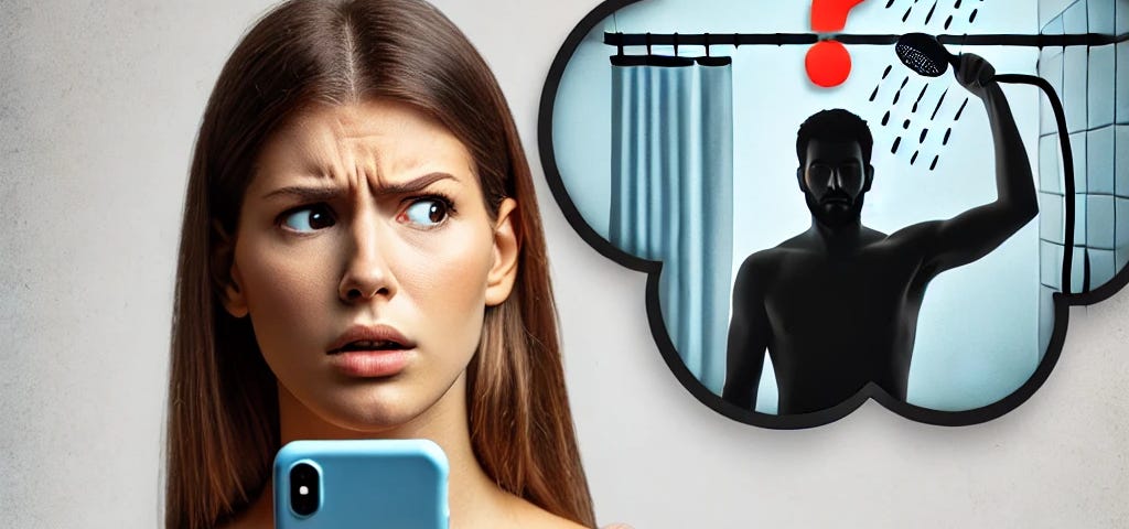 A woman looking confused while holding a smartphone, with a thought bubble showing a question mark and a man’s silhouette in the shower.