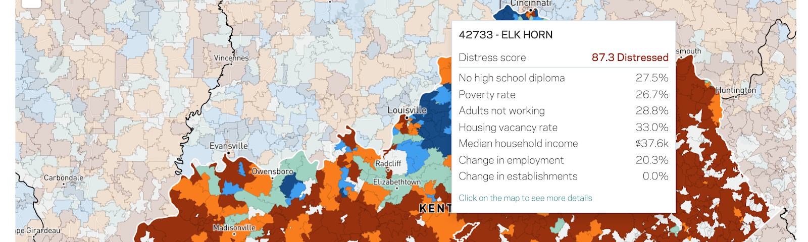 A choropleth map of distressed zip codes in the state of Kentucky.