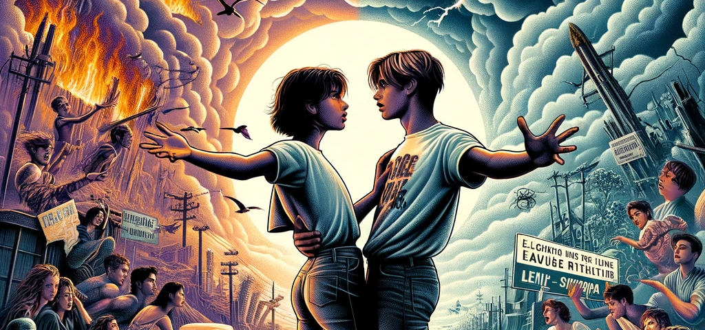 A movie poster depicting a young couple in a dramatic embrace, separated by symbols of environmental disaster, in a late 1990s style.