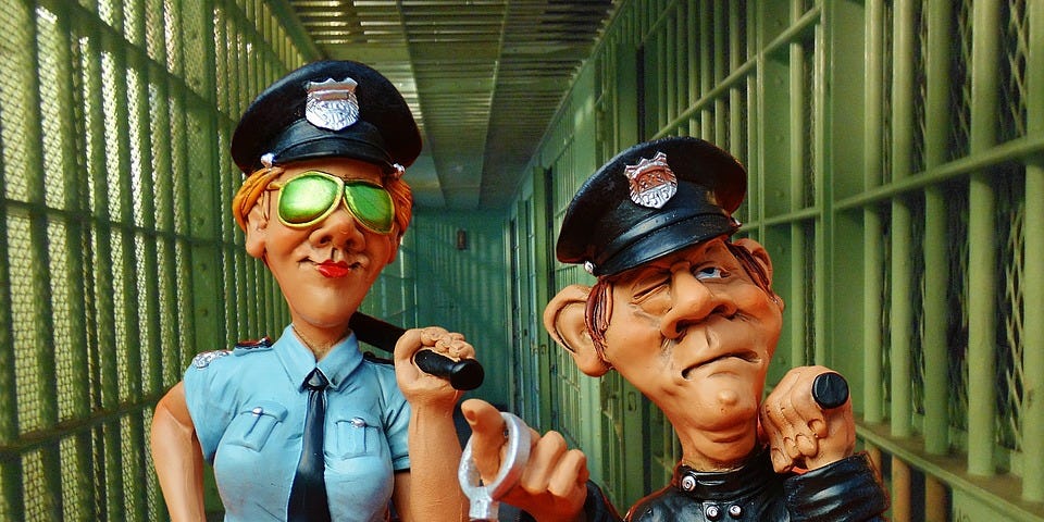 Caricature of man and woman prison guards.