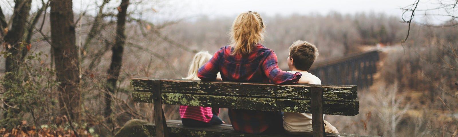 A mother and her children, a boy and a girl, are sitting on the bench overlooking vast trees and a short bridge