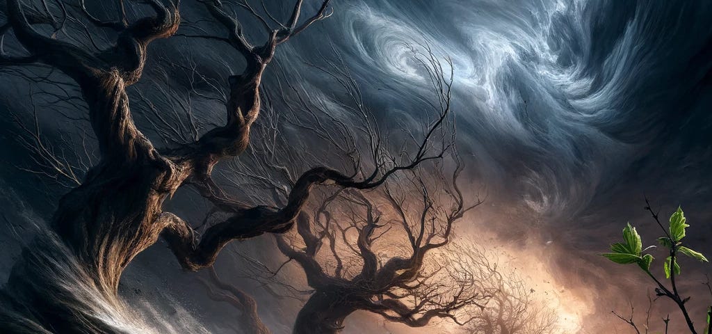 Fierce winds howl through ancient oaks under a dark sky while tender shoots rise towards the light. By a serene stream, a figure ponders life’s choices amidst nature’s wild and calm forces. The hyper-realistic scene has intricate details and watercolour bleeding edges, capturing the essence of nature’s power and gentleness.