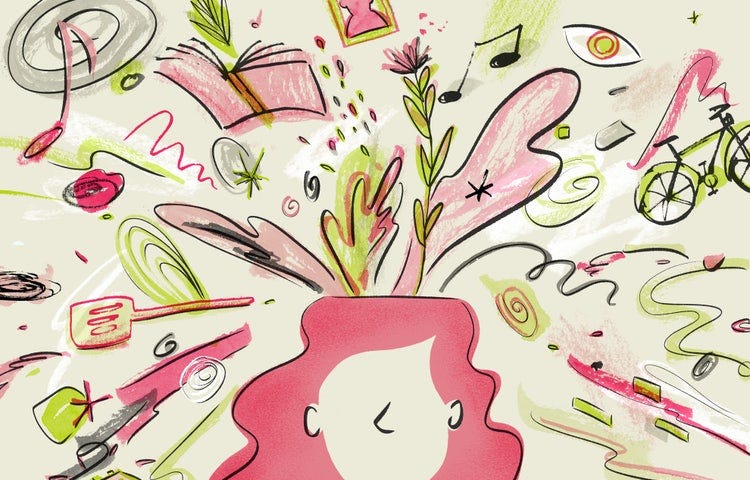 An illustration of a woman with long, wavy pink hair. Light pink and lime green waves and patterns come out of her head, as well as various objects, such as a book, bike, and spatula.