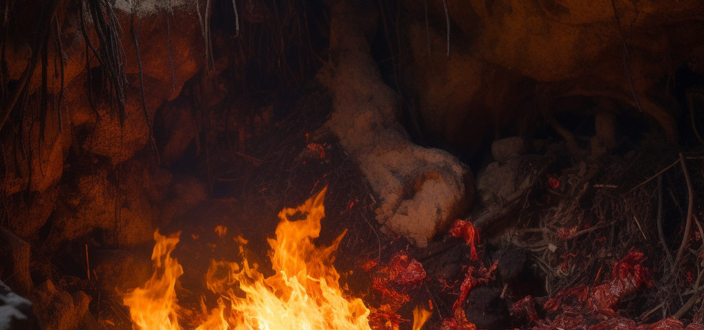 a flaming pile of debris on a cave floor