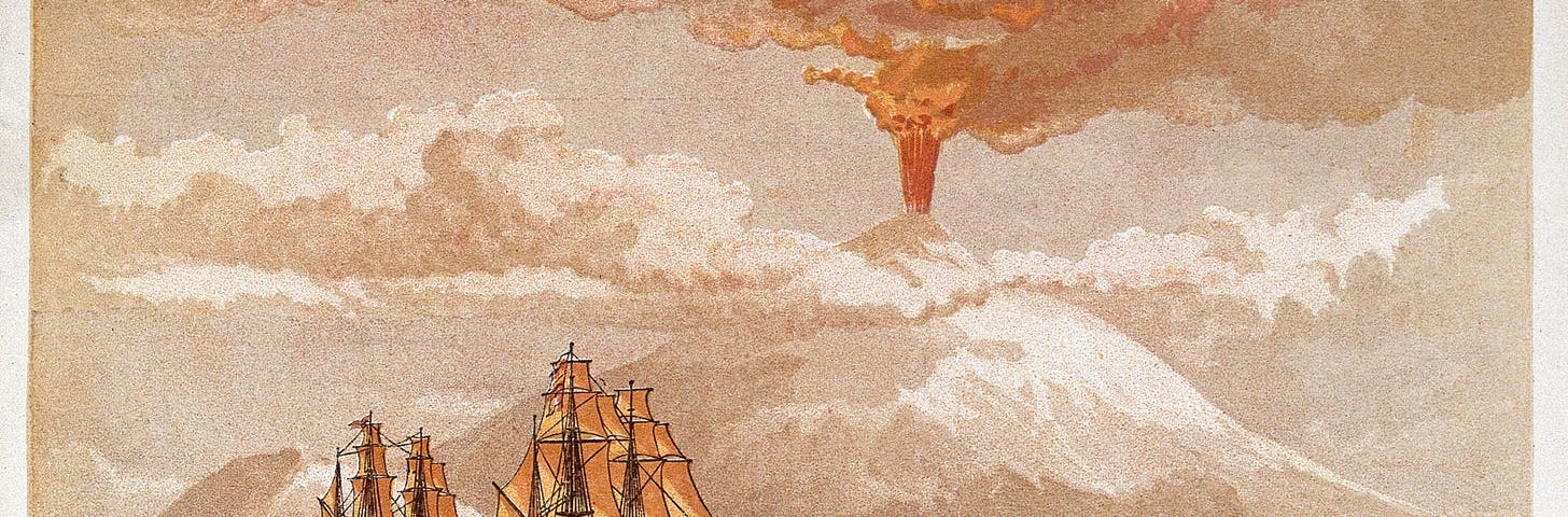 A lithograph in black, grey, white, and shades of orange depicting Ross’s ships in the sea, surrounded by chunks of ice, approaching an erupting Mount Erebus