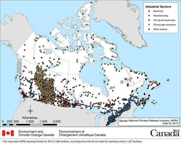 Map of polluted sites in Alberta being monitored under the National Pollutant Release Inventory (NPRI)