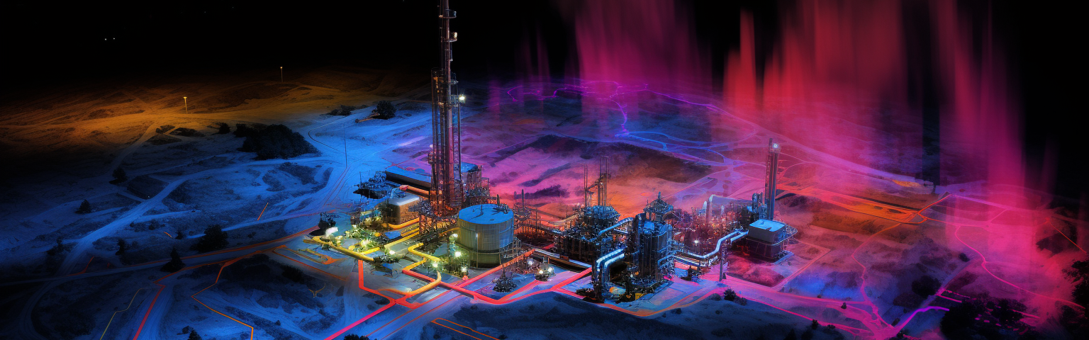 Midjourney generated image of natural gas fracking site with gas leaking from it, multispectral imaging