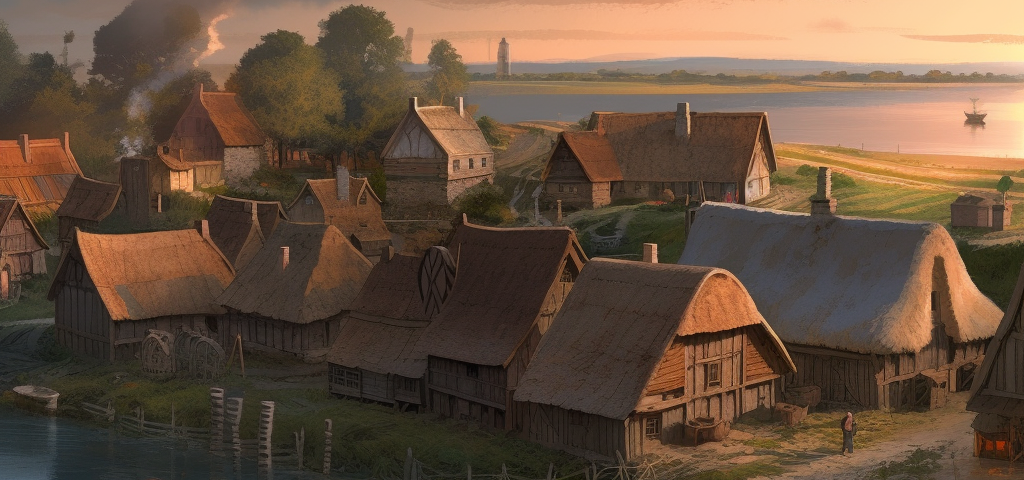 a rustic medieval village, the houses are wooden and painted, old fashioned, dawn lighting, a few peasants around, a huge lake in the distance