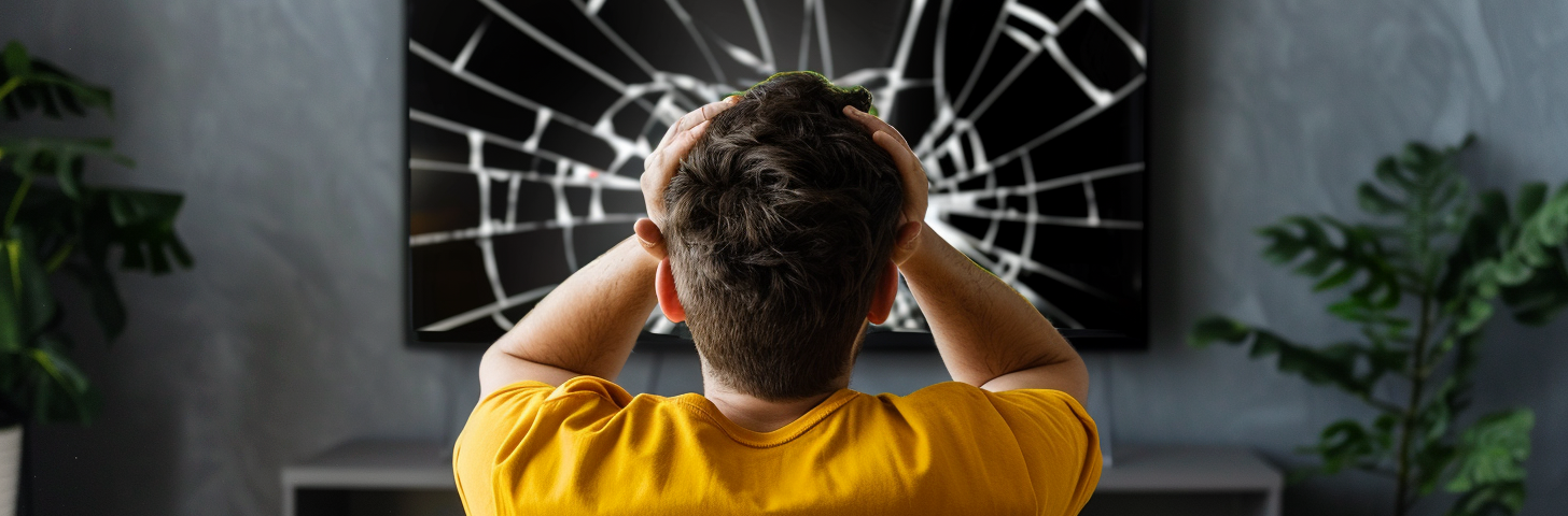 photo of a man sitting on a grey sofa, yellow T-shirt, white wall, facing a TV screen that is black and cracked, he’s putting his hands on the back of his head and seem frustrated, ai image created on midjourney by henrique centieiro and bee lee