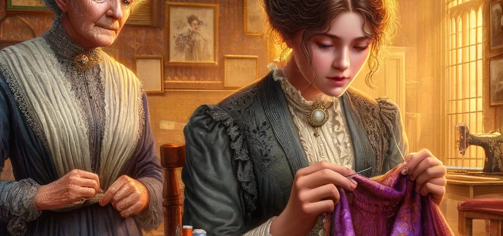Maud sewing while Eleanor stands nearby, reading letters from an old trunk. The scene is filled with vivid colours and intricate details, capturing their emotions and historic atmosphere.