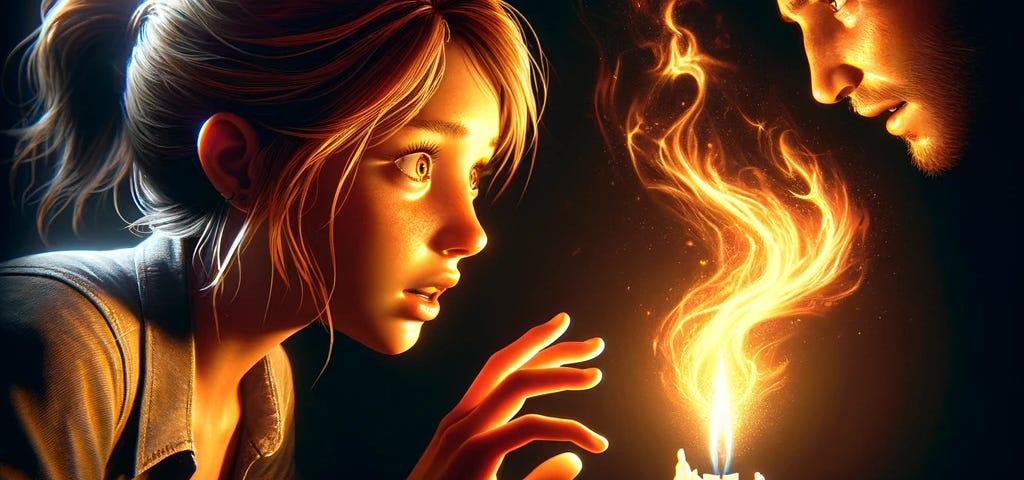 Jenna and Tom flee into the night with a candle casting shadows. A dark figure looms behind them, and the flame reveals their future in a hyper-realistic digital art style.
