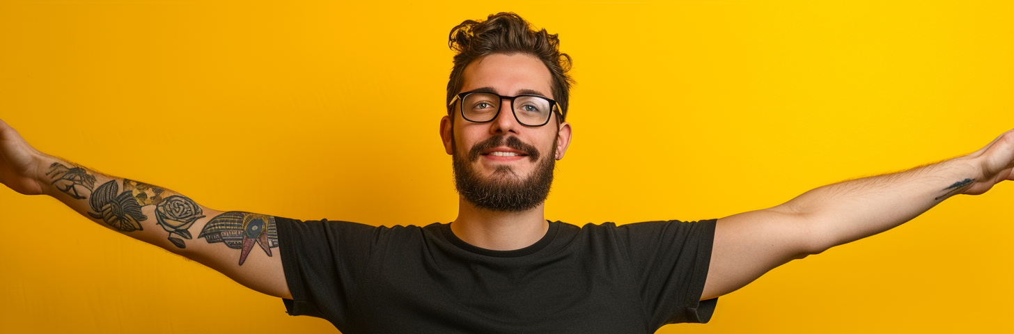 photo of a 35 years old man with a beard and glasses, a little muscled, tattoo on his arm; he’s wearing a plain black t-shirt, and he’s stretching out his arms wide.subtle smiling. Background is plain yellow color. Midjourney V6. ai image created on midjourney by henrique centieiro and bee lee