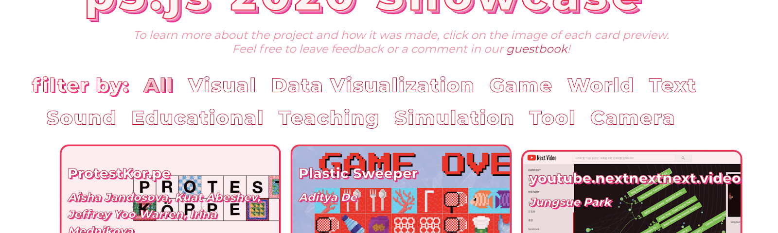 website with title, in pink, “p5.js 2020 Showcase” and a gallery of showcase entries with a filter at the top
