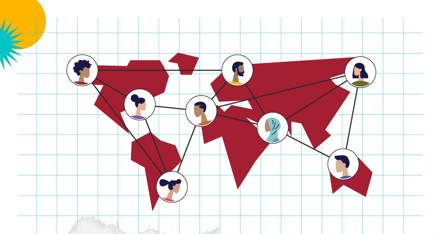 Map of the world with faces of different learners connected by lines.