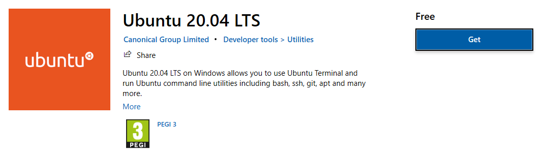 Ubuntu 20.04 LTS in the Microsoft Store