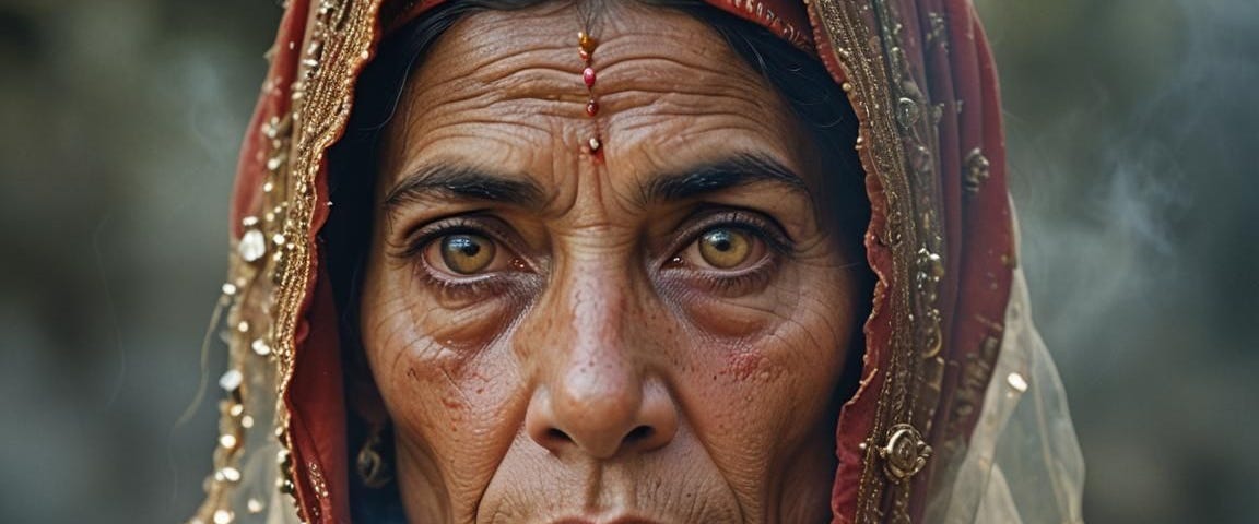 An old woman wearing a veil, having a vision