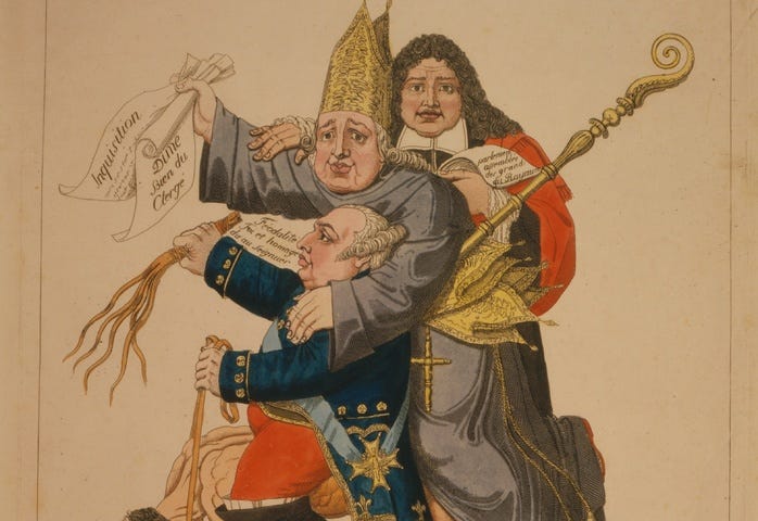 A pre-revolutionary French peasant carries the nobility on it’s back. An 18th century cartoon. Those with wealth, power, and status always depend on the work, efforts, and money of those “below” them.