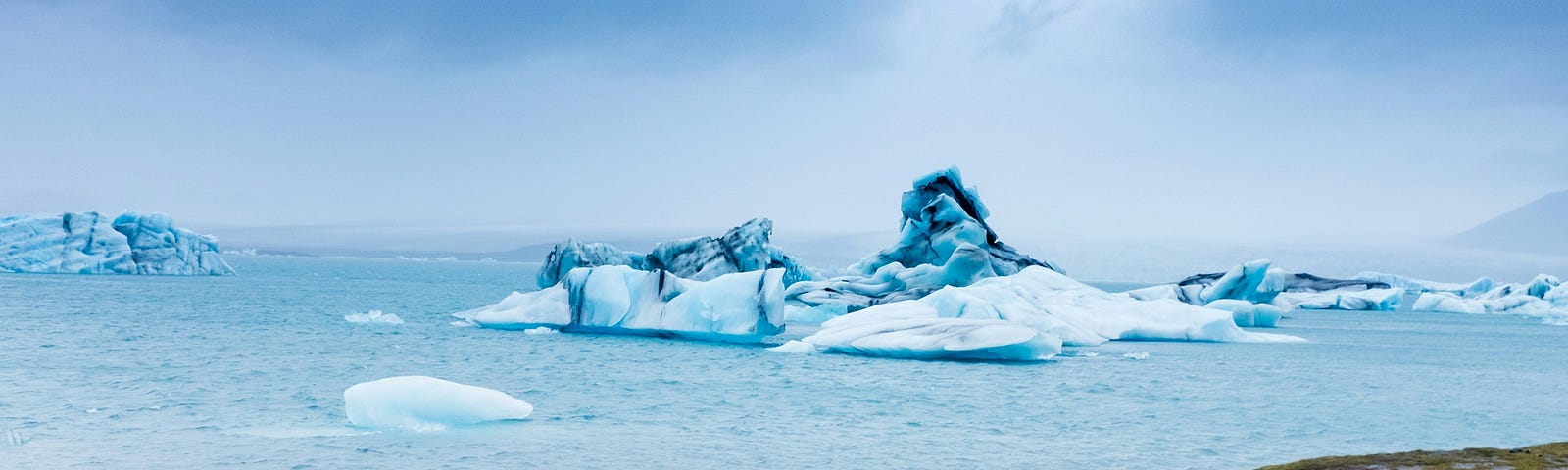 Ice bergs float beyond land