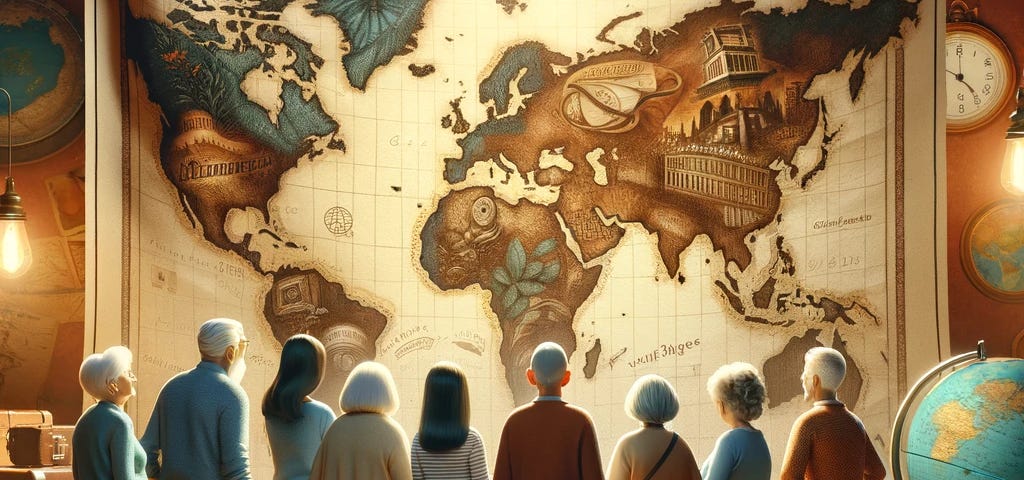 Group of seniors with diverse backgrounds standing before a large, partially unfurled world map, gazing with curiosity and excitement. Background subtly features iconic global landmarks. The room is warm and inviting, adorned with travel-themed decor like globes and vintage suitcases, enhancing the atmosphere of eager anticipation for adventure.