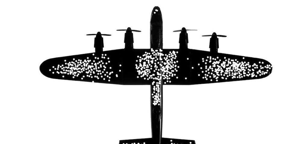 A scatterplot diagram of an airplane showing bullet holes concentrated in the middle of the fuselage, the wings, and the tail.