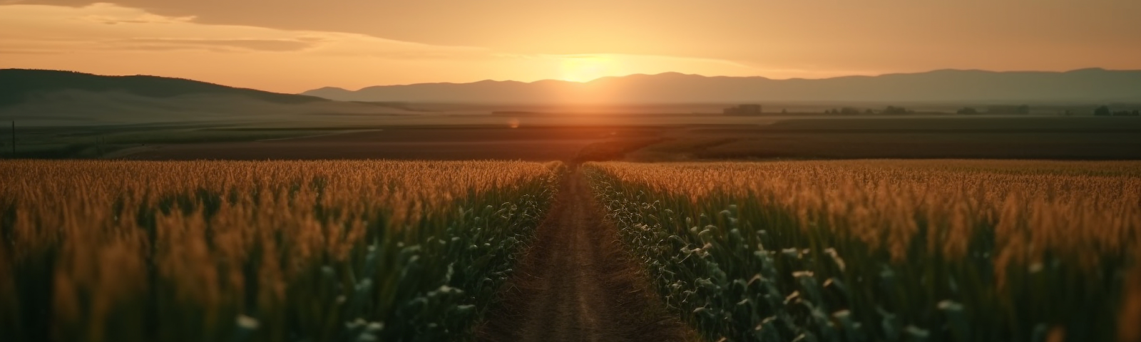 an AI generate image of a field with a dirt path on it running through the middle. there are crops like corn on the side and you can see mountains and the sun setting in the distance.