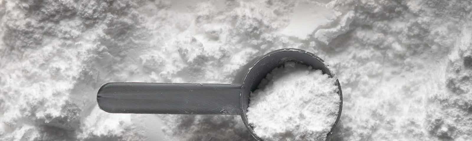 A plastic scoop sits on a pile of powdered creatine