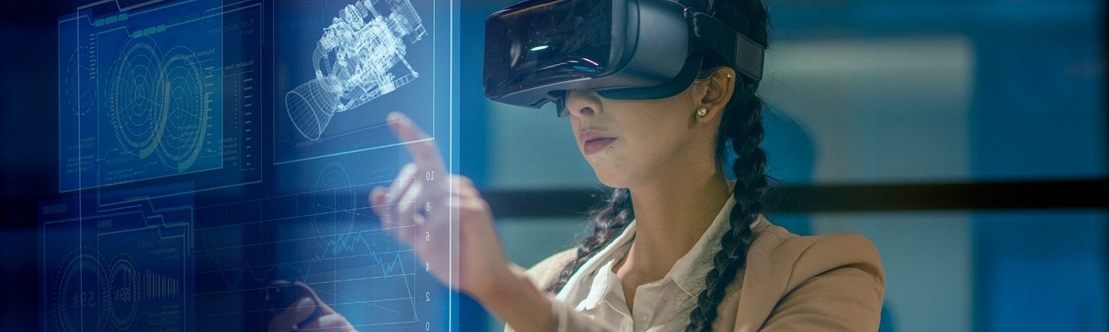 Woman using an augmented reality headset looking at a virtual display. Photo by Fat Camera/Getty Images