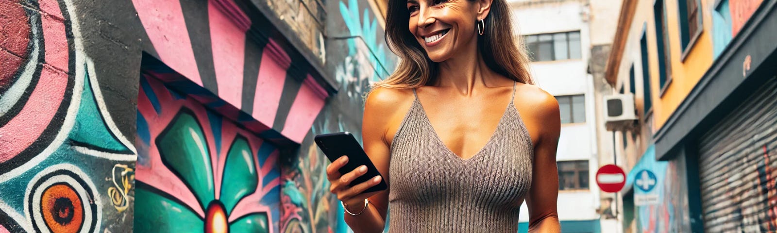 Here is the image of a woman in her 40s confidently wearing a stylish crop top and high-waisted jeans, walking through an urban setting with vibrant street art in the background. She is smiling while looking at a text on her phone, capturing both her youthful energy and sense of confidence.