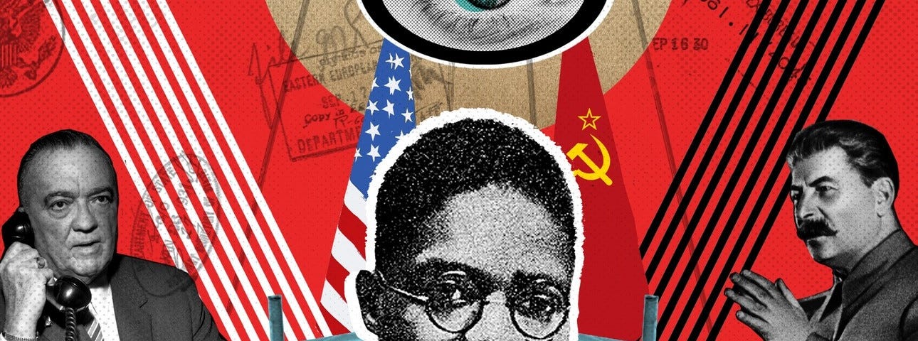 A composite image including a portrait of young Robert Robinson over a background containing Russia vs. America propaganda elements