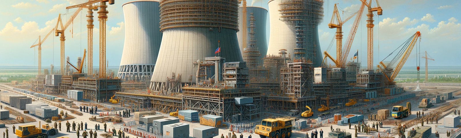 ChatGPT & DALL-E generated panoramic image depicting a nuclear power plant under construction, with government and military personnel actively involved in the building process