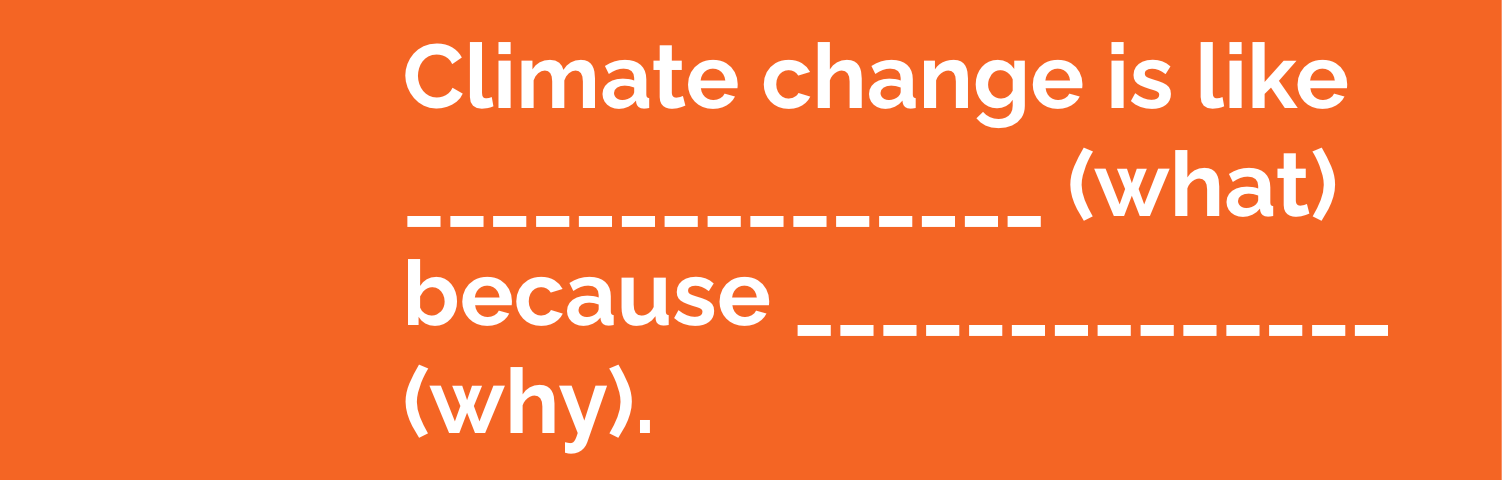 An orange slide reads “Climate change is like ________ (what) because ________ (why).”