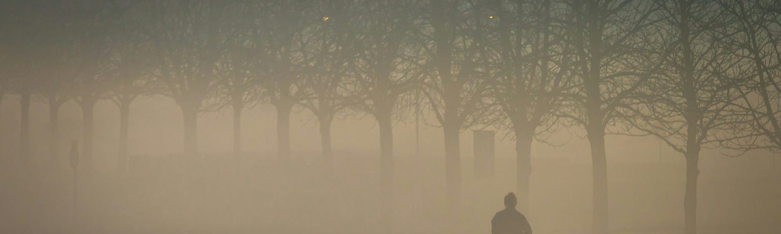 A running man in the haze of sepia tone of trees lines up in front of two faded street lamps.
