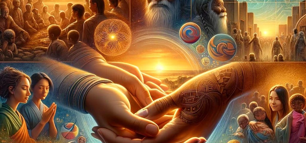 Illustration of diverse people showing kindness in various settings, embodying empathy and cultural unity, highlighting human connection’s timeless beauty.