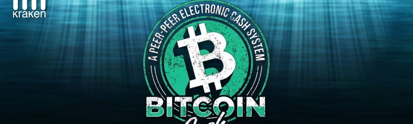 Light blue background on top getting darker at the bottom (looking like an image taken inside the sea) with a custom made Bitcoin Cash logo at the middle.