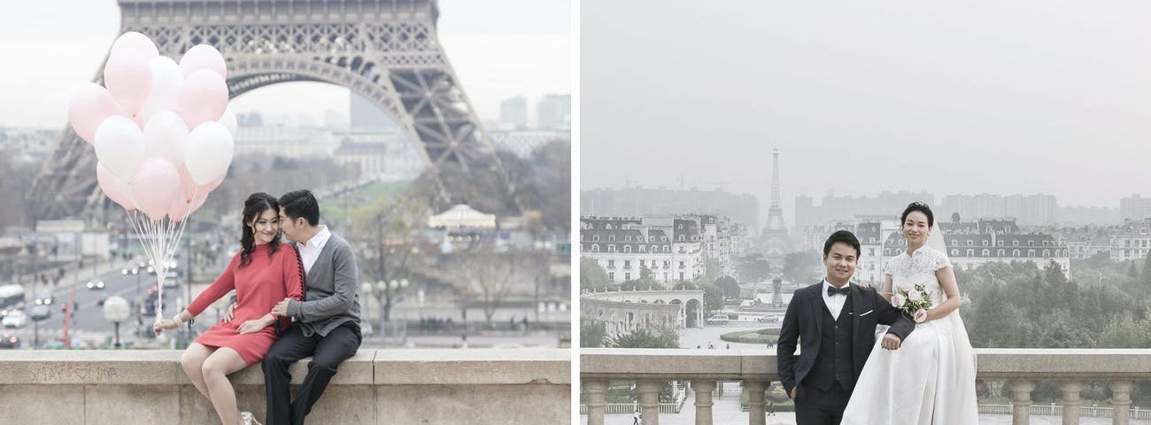 A couple in Paris, France (left), and in Tianducheng, China (right).