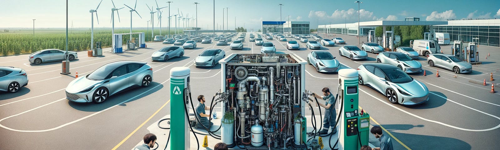 ChatGPT & DALL-E generated panoramic image showcasing a hydrogen compressor at a refueling station being repaired by technicians, with hydrogen cars lined up waiting for fuel.