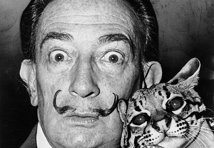 Salvador Dali with his pet ocelot, Babou, and cane. 1965. (Source: Wikimedia Commons).