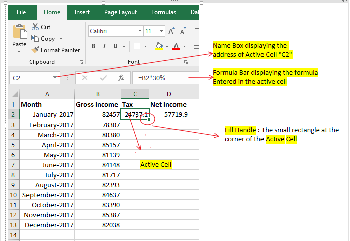 Image of an Excel file showing the fill handle.