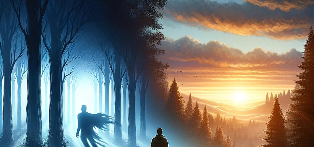 Realistic illustration of a person on a journey of enlightenment at dawn, with the first light breaking through a mystical forest, symbolizing the transition from self-doubt to clarity and hope. This captivating scene invites viewers to explore the beauty of self-discovery.