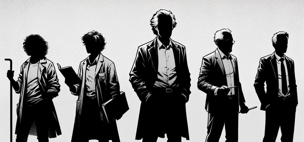 5 intellectual looking figures drawn in black and white with their faces in a shadow to illustrate the mystery of what they might be.