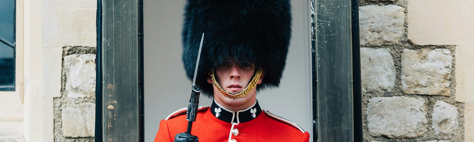 British Royal Guard in Busby standing at attention at Buckingham Palace.