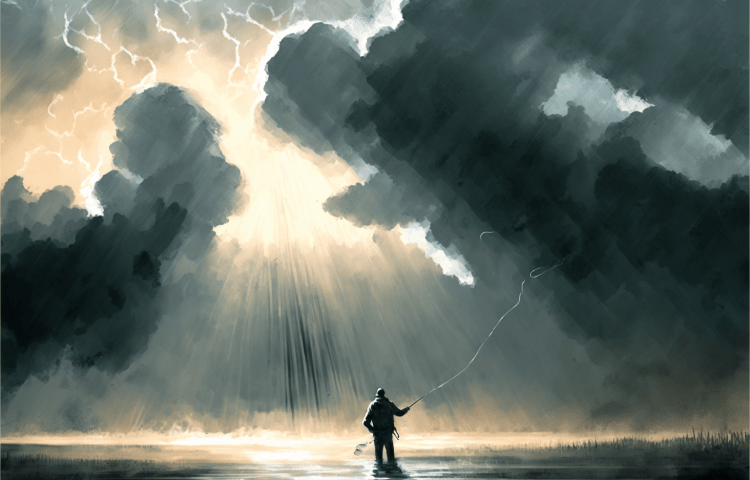 A fly fisherman casting in a lake, the sun breaks through an ominous storm overhead.