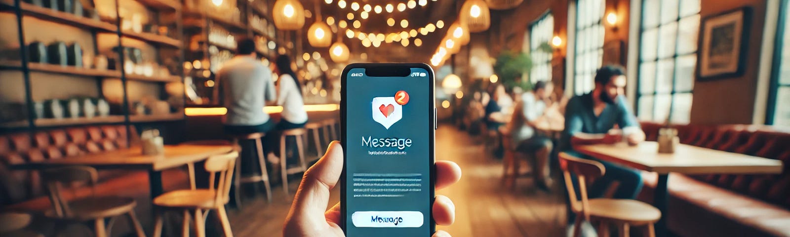 Here is the image you requested of a hand holding a smartphone with a dating app message notification, set against a blurred cozy coffee shop background.