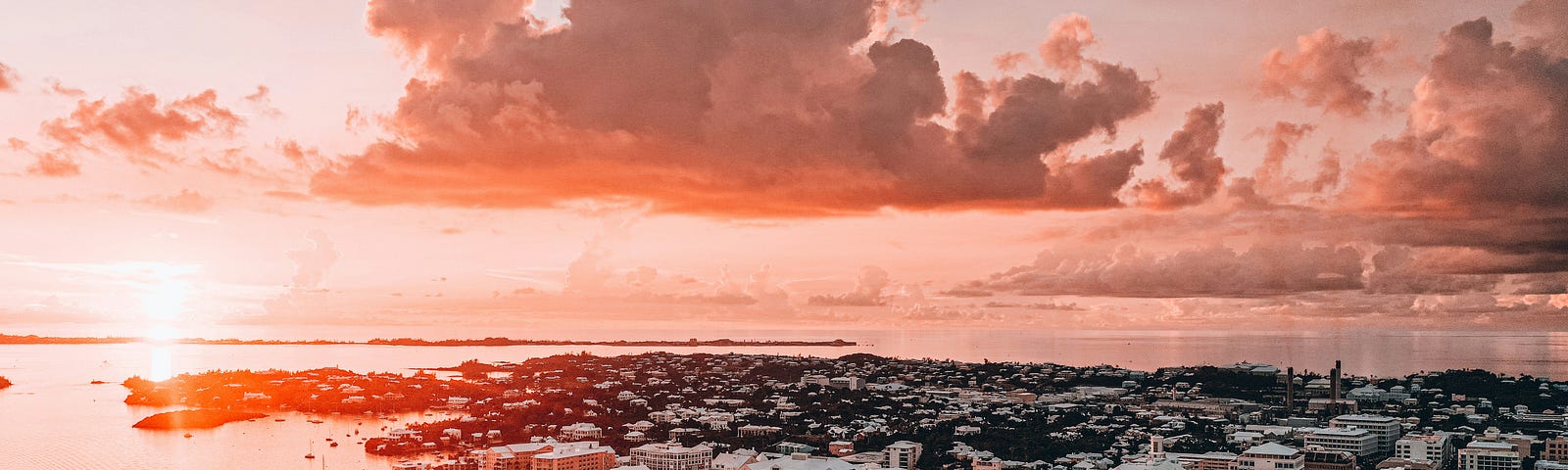 A picture of Bermuda’s main island taken from above at sunset.
