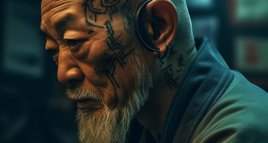 A despondant looking older asian man with facial tattoos sitting at bar.