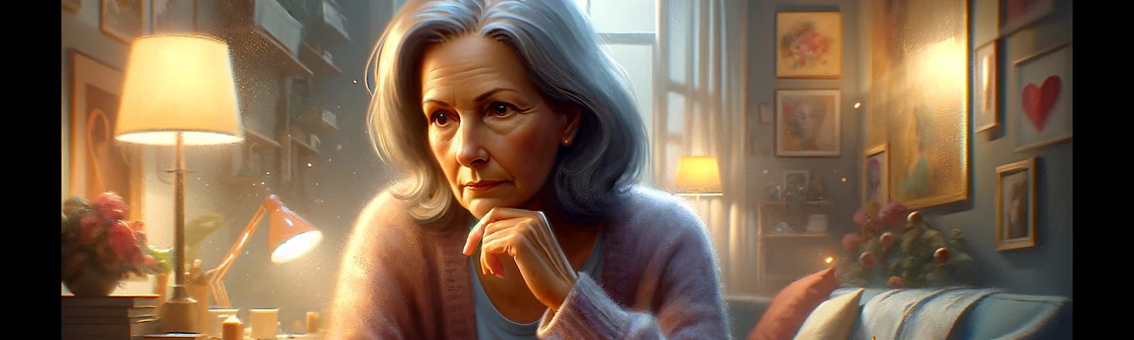 Here is the updated digital painting of an older woman sitting at a desk with her phone in hand, looking thoughtful and hesitant. The image captures the moment of decision, reflecting her emotional tension.