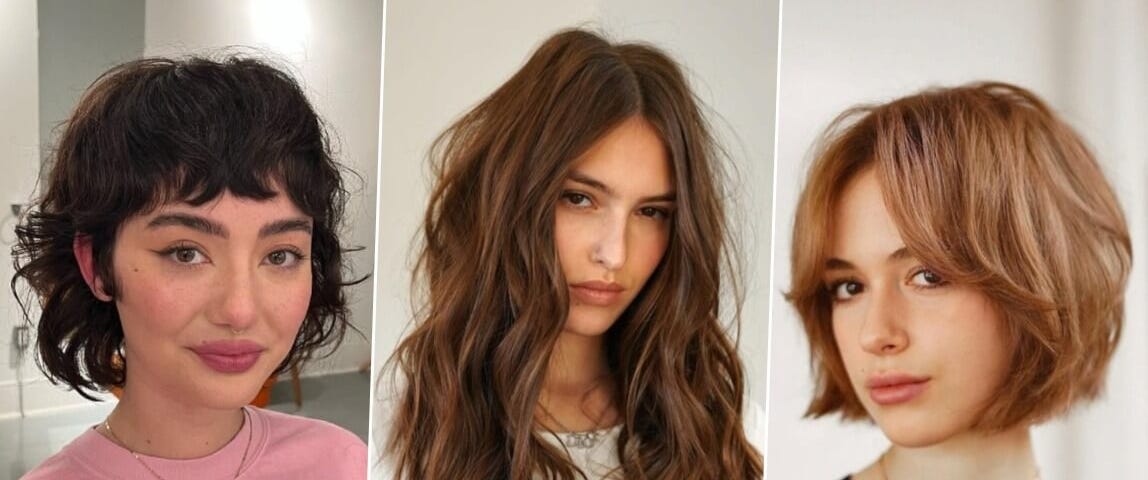 To the left: a textured shorter cut with wispy band; Middle: long, textured layers, Right: an easy to style bob; all in natural hair colors