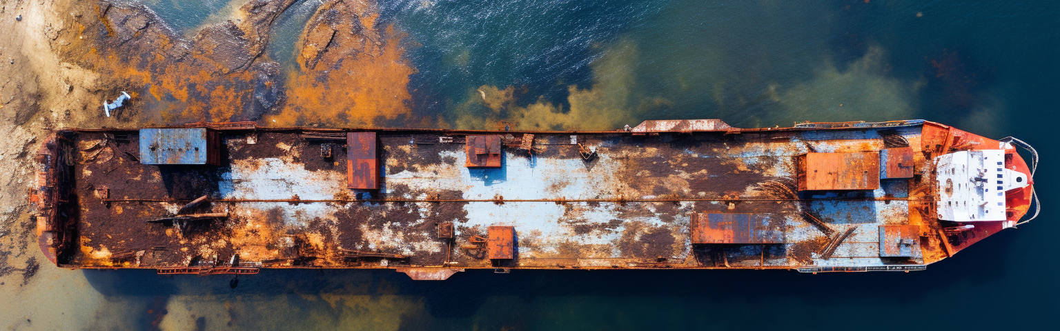 Midjourney generated image of a bulk oil shipping port empty and rusting, birds eye view