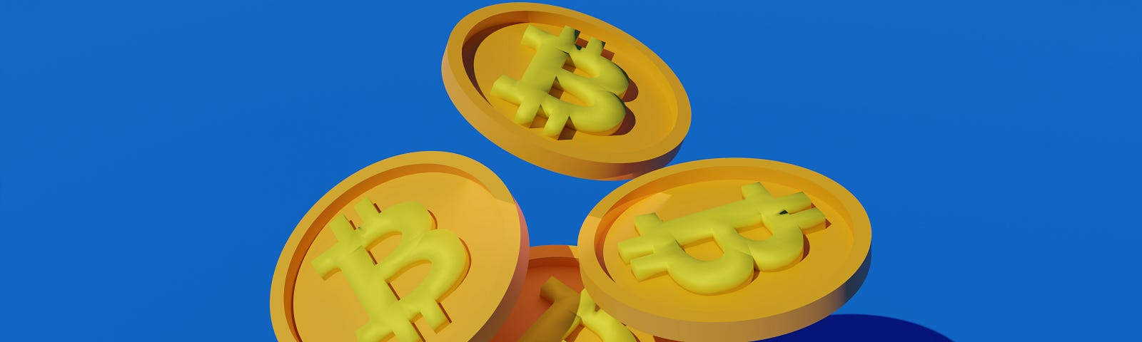 Cartoon graphic of bitcoin — 4 bright gold coins on a bold blue background
